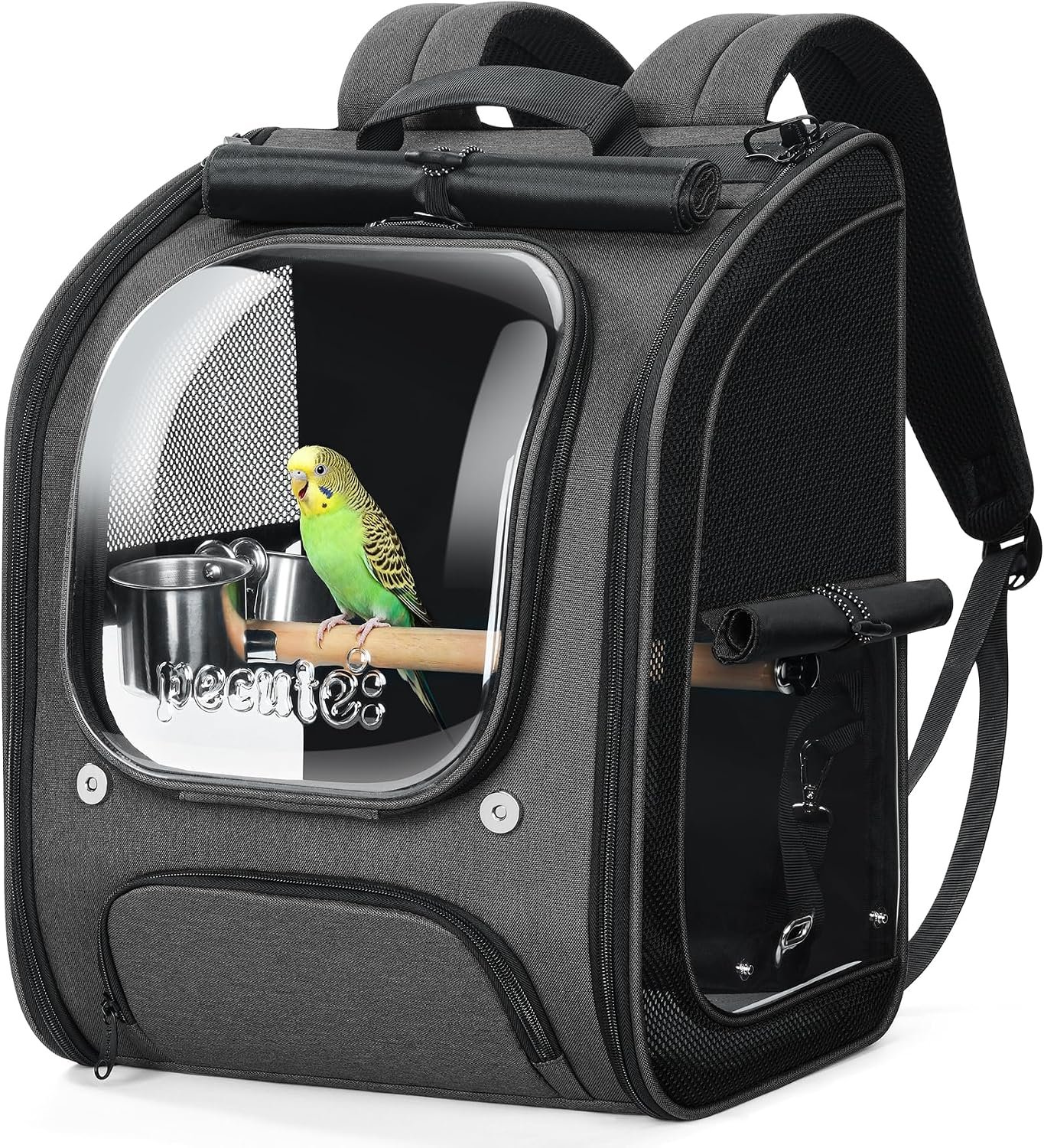 Pecute Bird Backpack Carrier with Standing Perch for Small Parrot, Grey | Transparent window, breathable design with comfy mat, ideal for vet visit, shopping and outdoor adventures