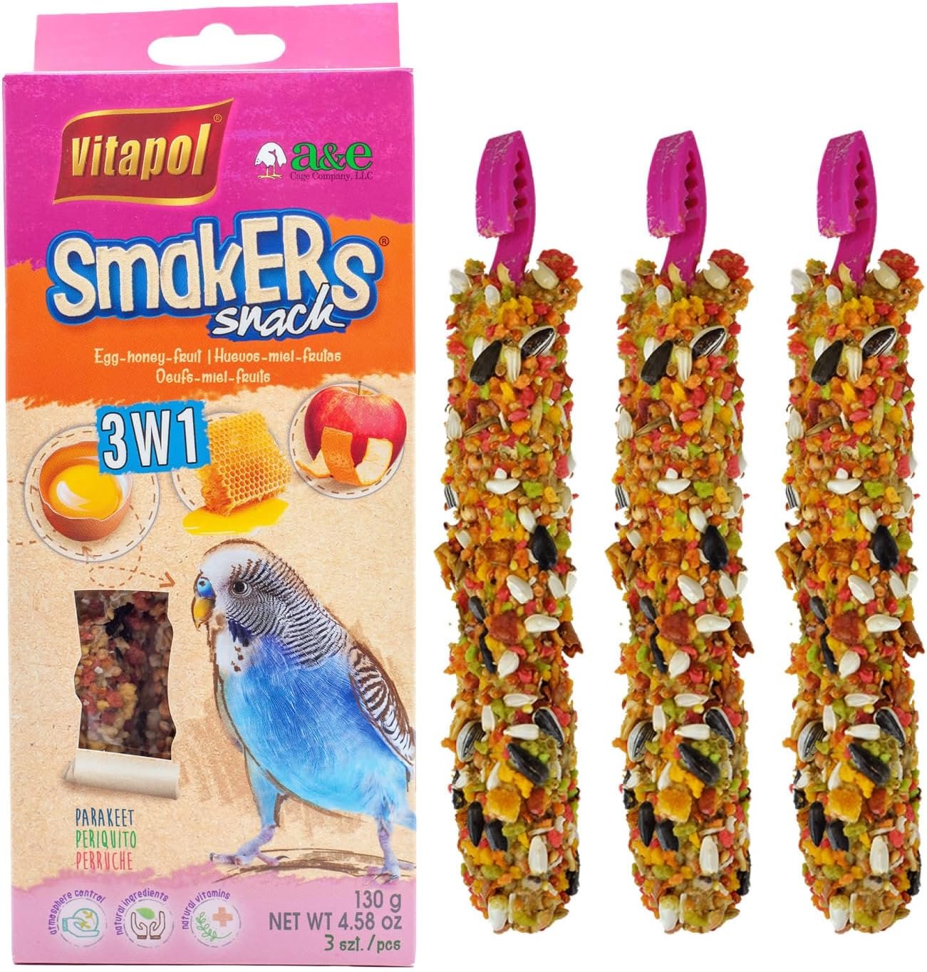 A&E Cage Company – Smakers Treat Stick for Parakeets, 3-in-1 Mix Pack (Egg, Honey, Fruit), 3 Pack, Nutritious & Long-Lasting Bird Treat | 3 Flavors in One Pack, 3-Layer Seed & Wheat Recipe, Metal Cage Hangers, Rotate Flavors to Keep Birds Engaged