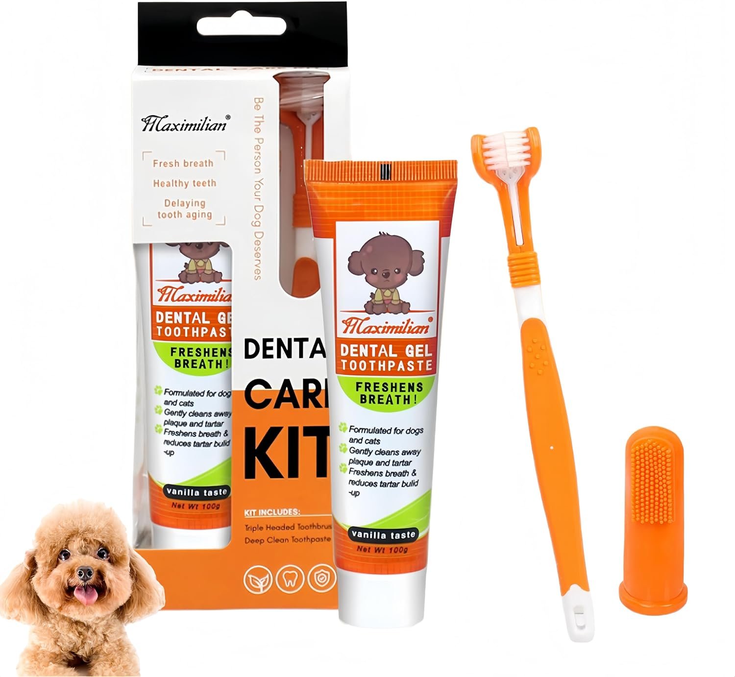 Dog & Cat Toothpaste Kit with Toothbrush & Finger Brush, Vanilla, 100g | Pet dental care for plaque, tartar, fresh breath & healthy gums; fluoride-free low-foaming formula safe if swallowed