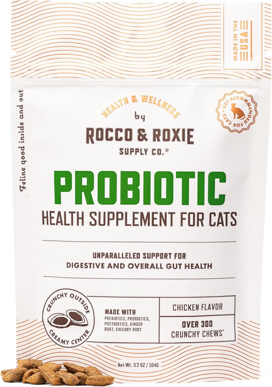 Rocco & Roxie Cat Probiotics, Digestive & Gut Health Chews | Pre/probiotic & postbiotic gut support; eases constipation & diarrhea; chicken-flavor crunchy chews; daily digestive care