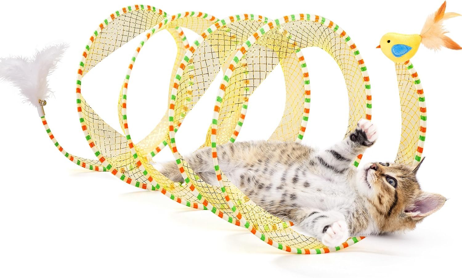 Potaroma Spiral Tunnel Cat Toy, Self Play Collapsible Spring Kitten Tunnel | For Indoor Cats, with Feather and Bell, 20 Inches Unfolded
