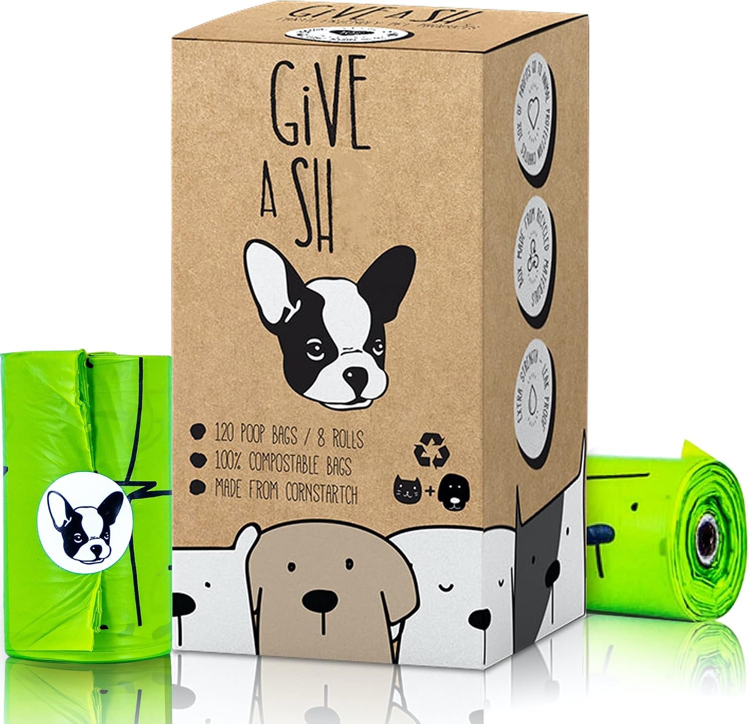 Certified Home Compostable Dog Poop Bags, 120 Plant Based Bags (8 Rolls) | NF T51-800, ASTM D6400 and EN 13432 certified, cornstarch based, extra thick, leak proof, unscented, 10% to charity
