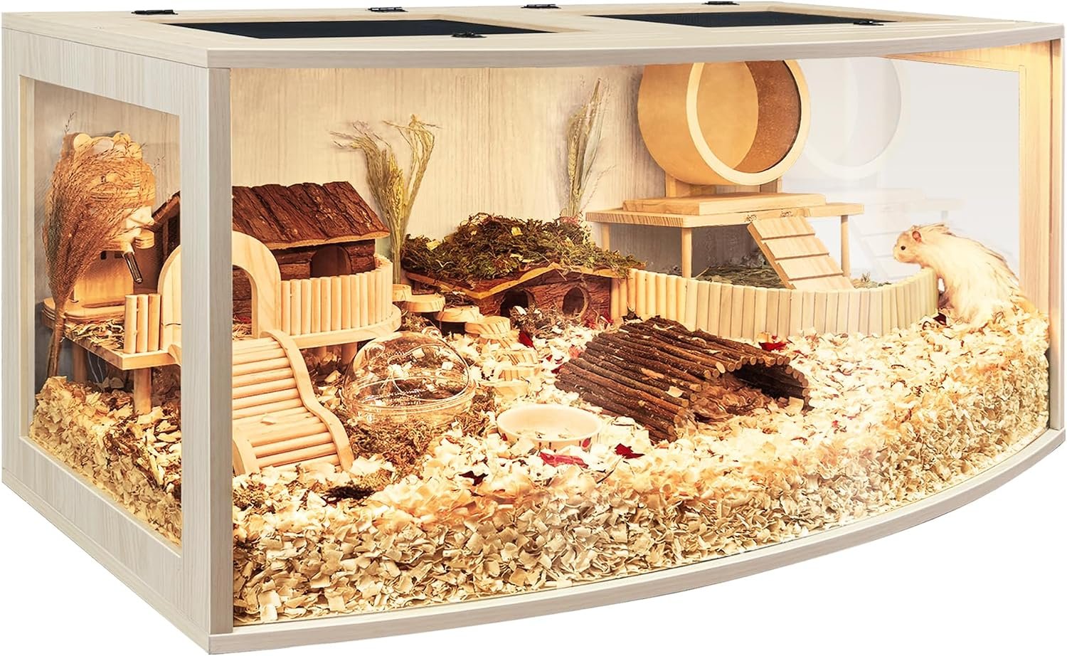 Hamster Cage Chew Proof Wood, Hamsters Enclosure Openable Top with Curved Design,Waterproof Small Animals Cage with Acrylic Sheets for Gerbils,Hamster Habitat(40 Inches)