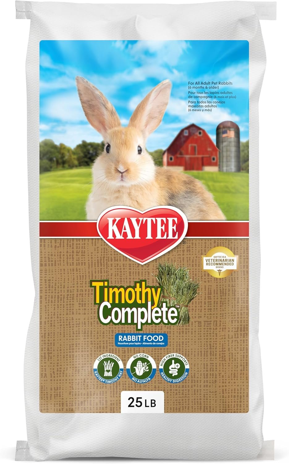 Kaytee Timothy Complete Rabbit Food, Made with Timothy Hay, High in Fiber, Supports Dental Health and Digestion, 25 Pounds