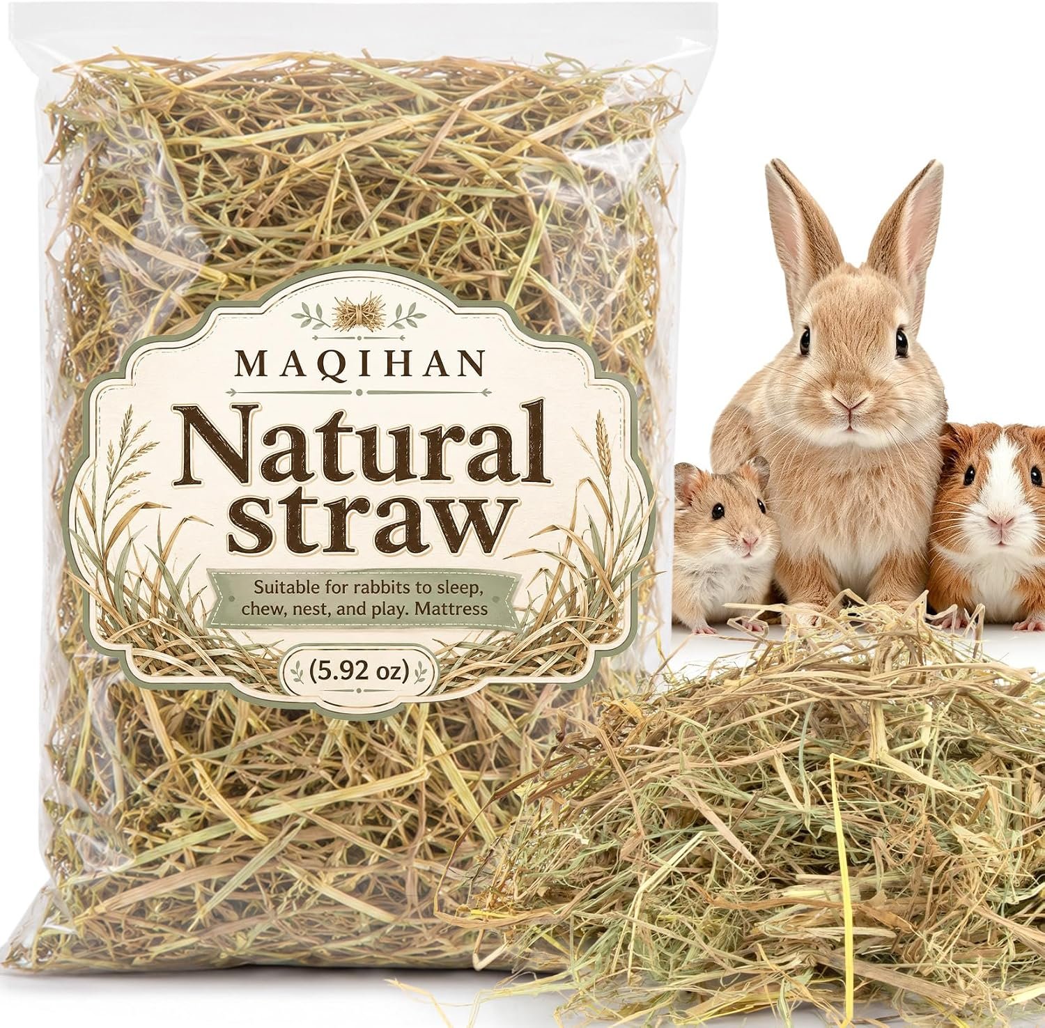 MAQIHAN Natural Straw for Small Animal Bedding – 5.92 oz Dry Garden Straw | Animal Hay Bedding and Nest Material for Sleeping, Chewing and Toys for Rabbits, Bed Mat