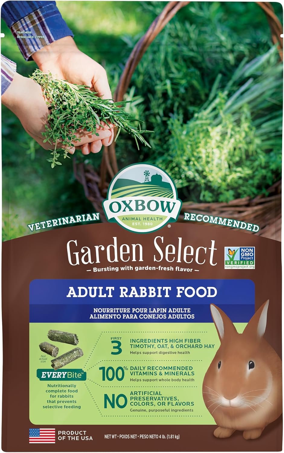 Oxbow Garden Select Adult Rabbit Food, High-Fiber Rabbit Pellets, USA, 4 lb | Bunny Food for Adult Rabbits, Made with High Fiber Oxbow Hay, Vitamins & Minerals, Uniform, Prevents Selective Feeding