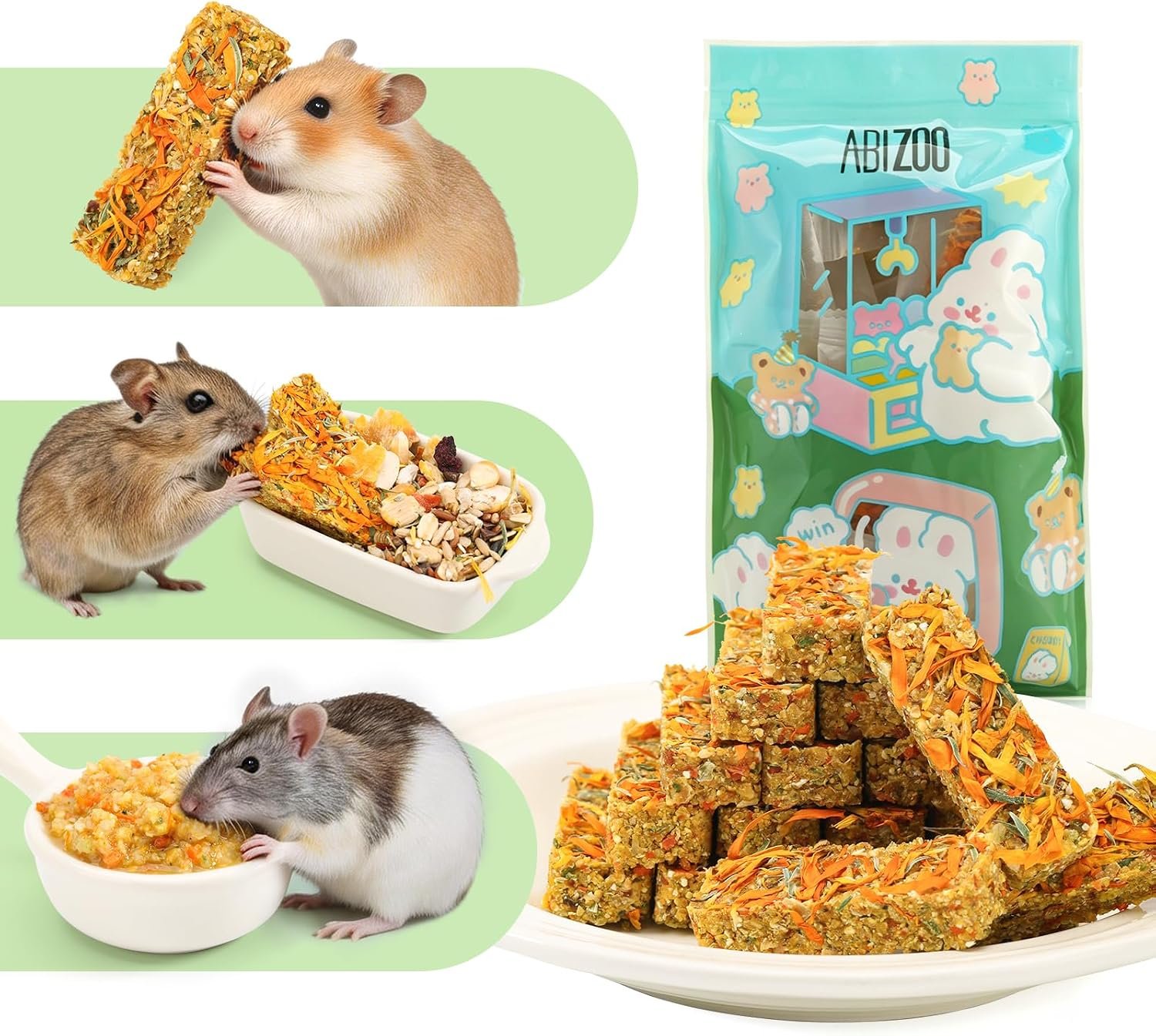 Abizoo 18 Pcs Hamster & Rat Treats, Healthy Supplement for Senior Small Pet | Daily Nutrition Food for Immune Health, Chew Toys for Teeth Grinding, Nutri Blocks for Hamsters, Rats and Gerbils of All Ages