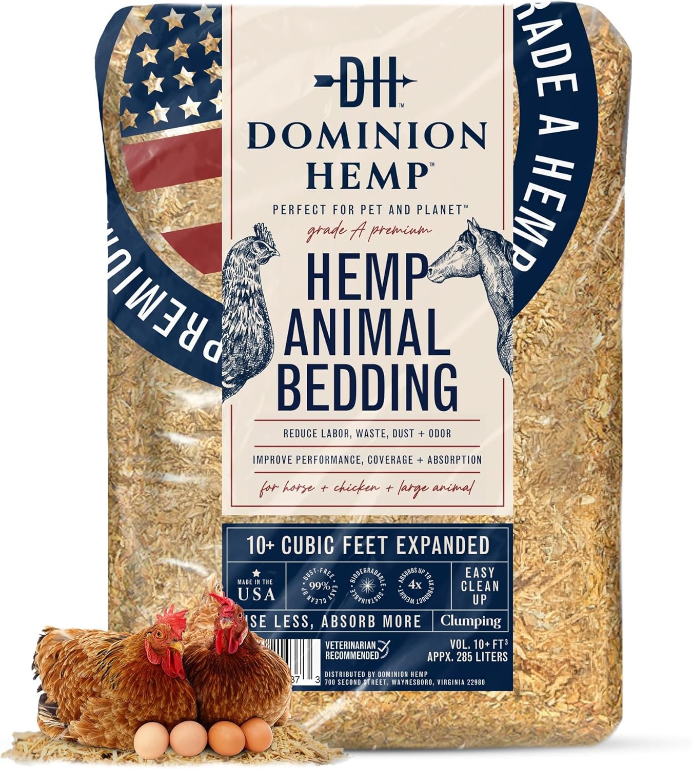 Premium Hemp Bedding for Chicken Coops 285L – 30lbs, 1-Pack | Ultra-absorbent USA hemp bedding for chicken coops and small pets, low dust, reduces odor, and keeps habitats clean and dry.
