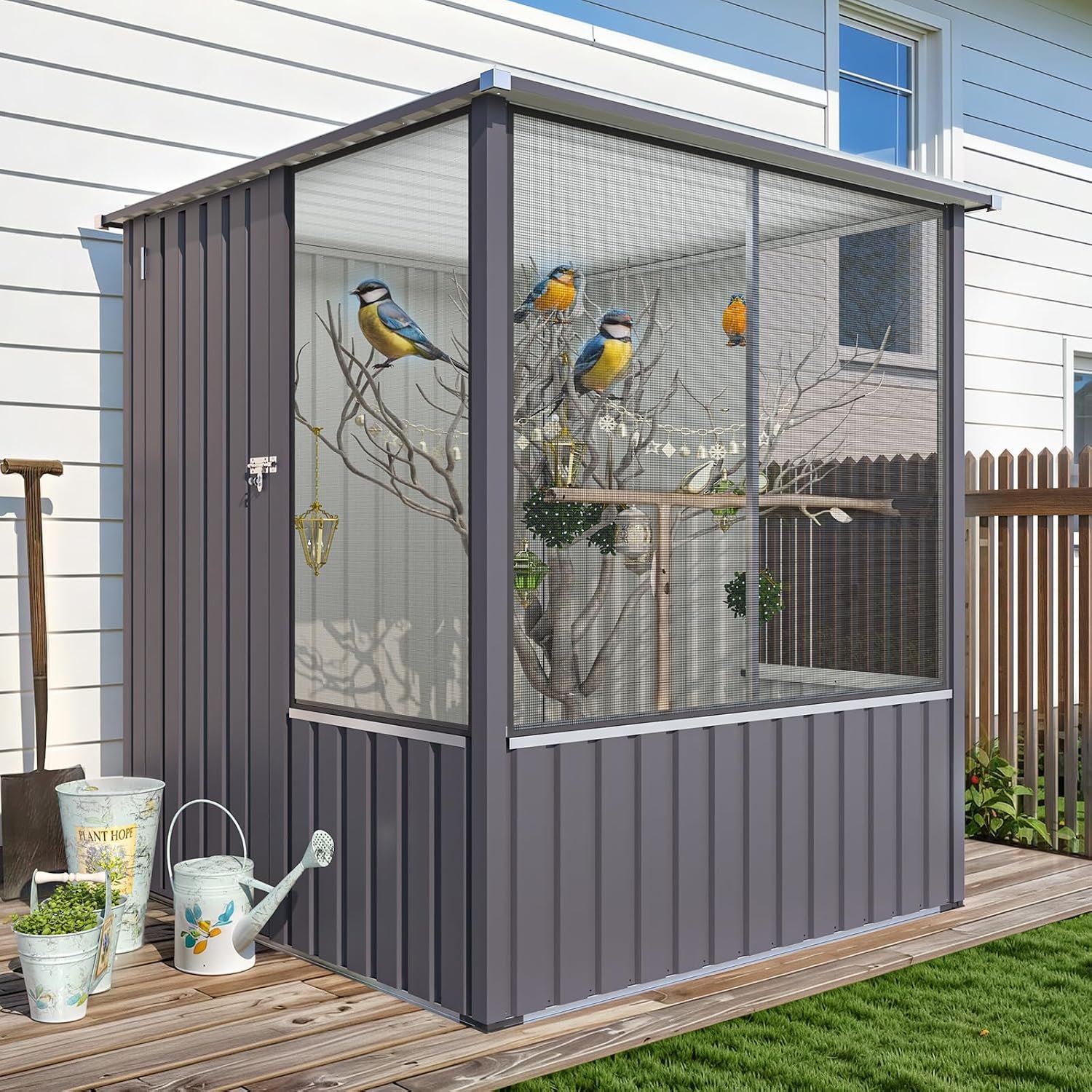 AECOJOY Outdoor Large Bird Cage, 5×5 Ft Aviary | Walk-in Parrot Aviary Cage, with Lockable Doors & Ventilated Mesh for Macaws, Canaries, Budgie and Lovebirds