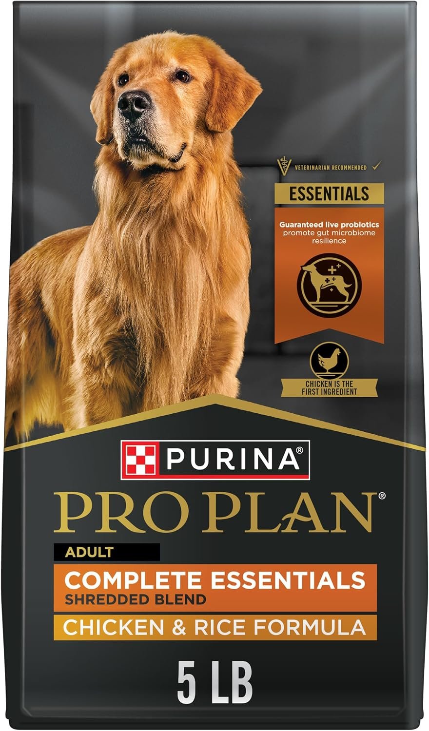 Purina Pro Plan Complete Essentials Shredded Blend Chicken and Rice Dog Food Dry Formula with Probiotics for Dogs – 5 lb. | Shredded Blend crunchy kibble with tender pieces, real chicken as the first ingredient, live probiotics for digestive health