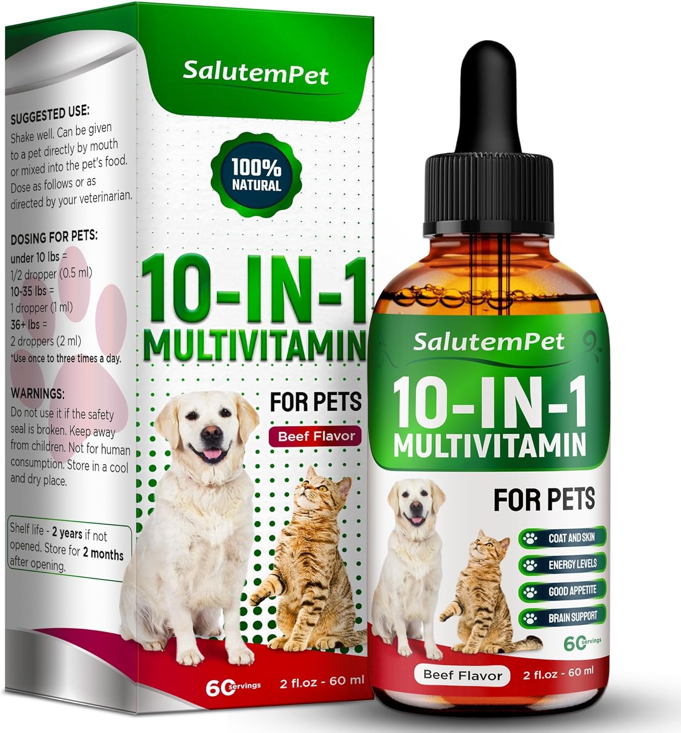 Сat Vitamins for Indoor Cats – Liquid 10-in-1 Multivitamin for Dogs – C, D3, B Group, for Skin, Coat, & Breathing – Natural Protection for Pets of All Ages – For Digestion & Bones – Beef Flavor – 2 Oz