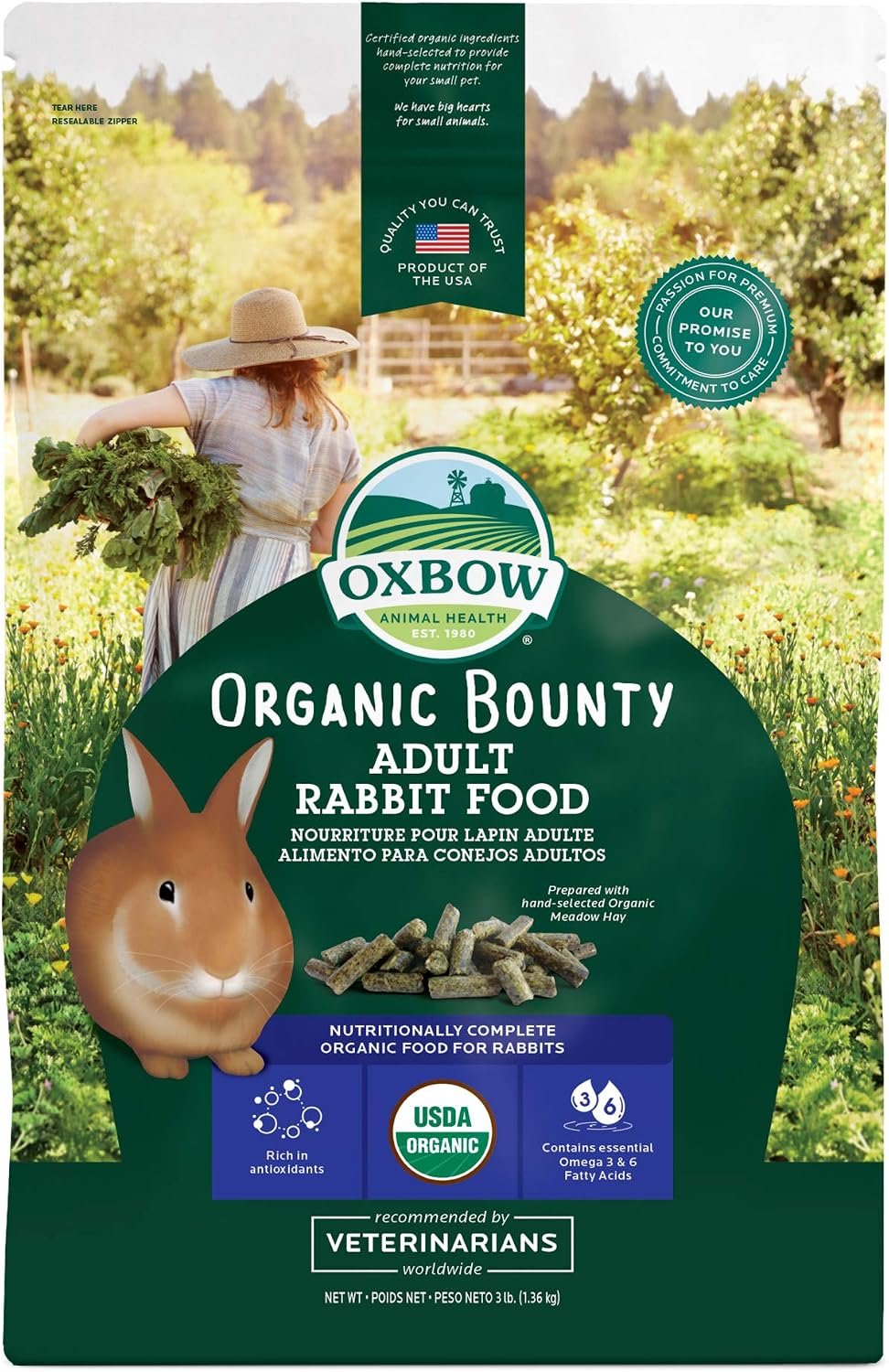Oxbow Organic Bounty Adult Rabbit Food, Organic Rabbit Pellets, USA, 3 lb | Bunny Food for Adult Rabbits, Made with High Fiber Oxbow Hay, Vitamins & Minerals, Uniform, Prevents Selective Feeding