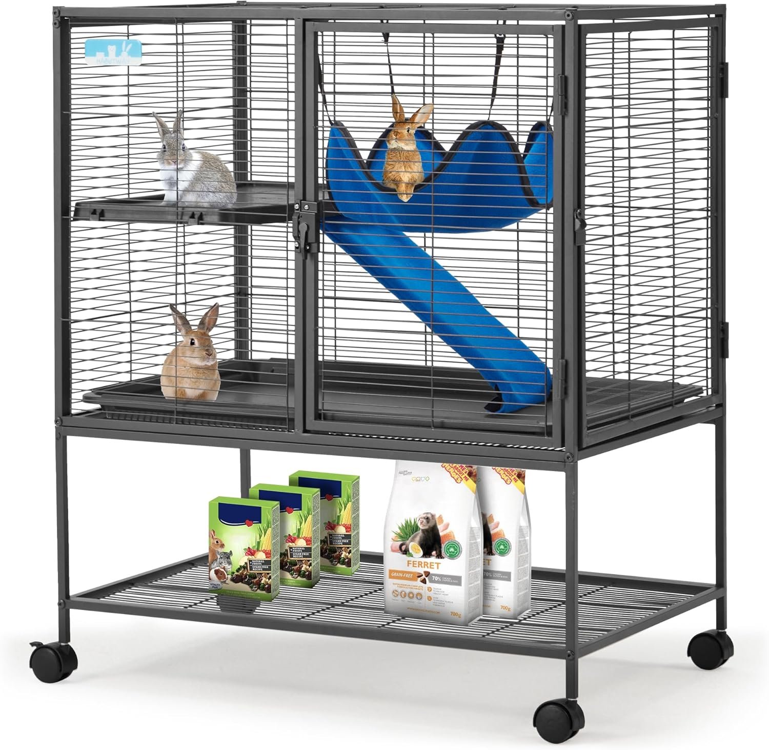 HABUTWAY 36.5”H Large Metal Rolling Ferrets Cage, 2-Tiers Small Animal Cages, Cage for Rats/Chinchillas, 0.5” Bar Spacing for Ferret,Small Animal Cage w/Removable Ramp & Platform