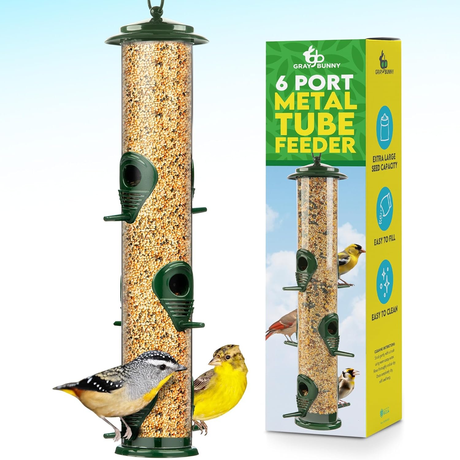 Gray Bunny Squirrel Proof Bird Feeders for Outdoors 6 Port Metal Tube | Bird feeder squirrel proof, locking lid & adjustable hanger, chew-proof, weather resistant, easy clean