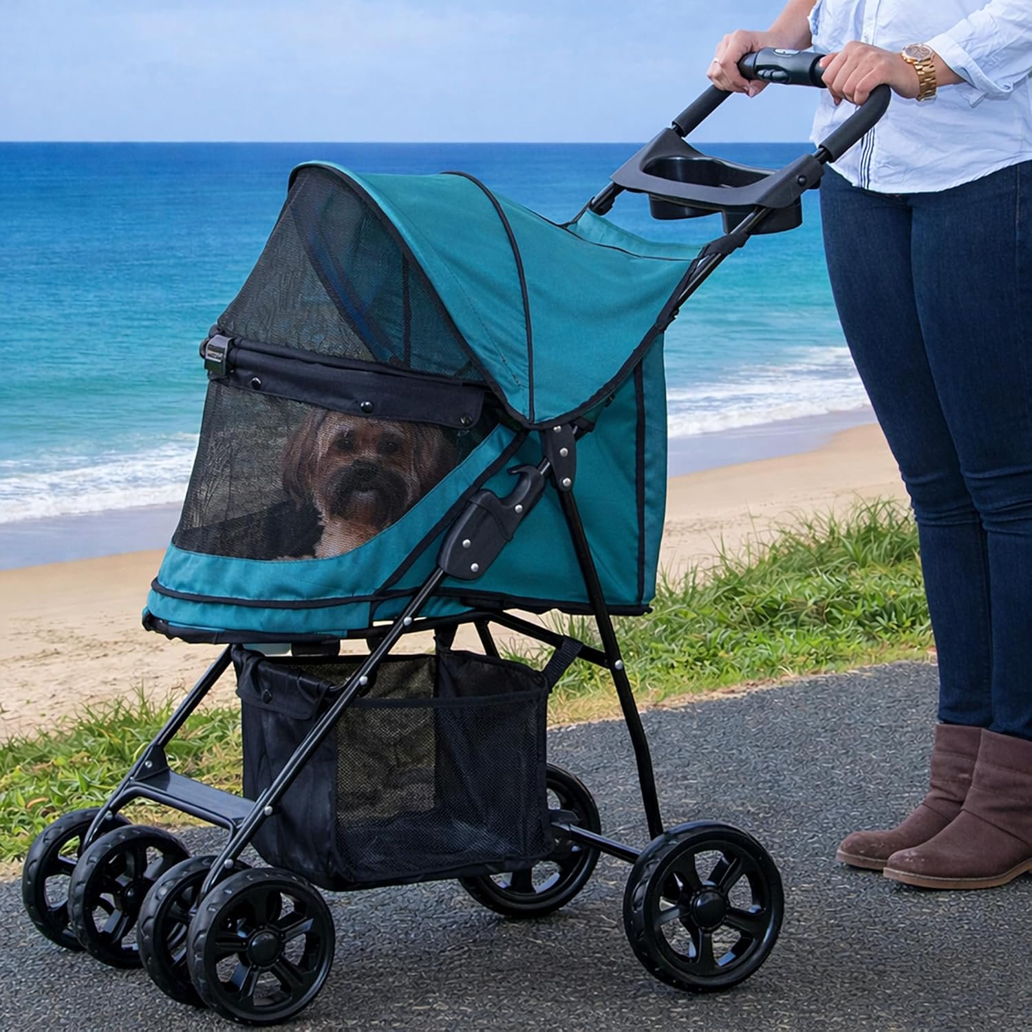 Pet Gear No-Zip Happy Trails Lite Pet Stroller, Green Clover | Zipperless Entry, Easy Fold with Removable Liner, Safety Tether, Storage Basket + Cup Holder, For Cats/Dogs