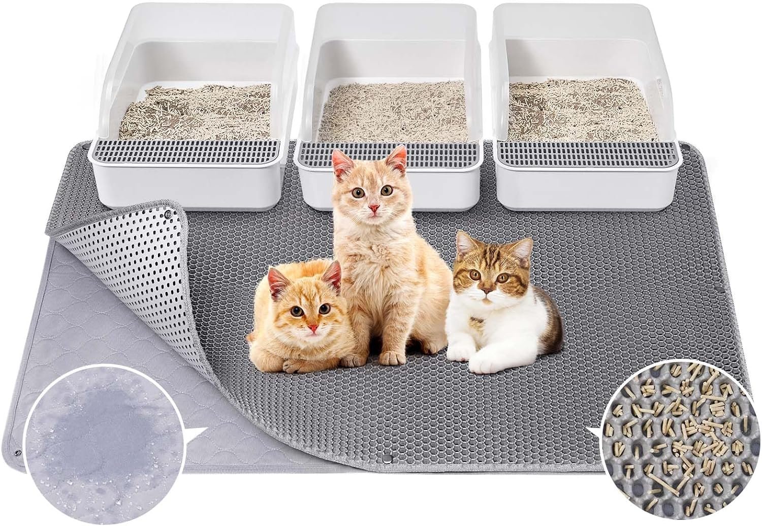 Fostanfly Cat Litter Mat, Machine Washable, Extra Large XL 45″x27″, Gray | Cat Litter Trapping Mat, Urine & Waterproof, Double Layer Design, Honeycomb Scatter Control- Easy Clean for Floor