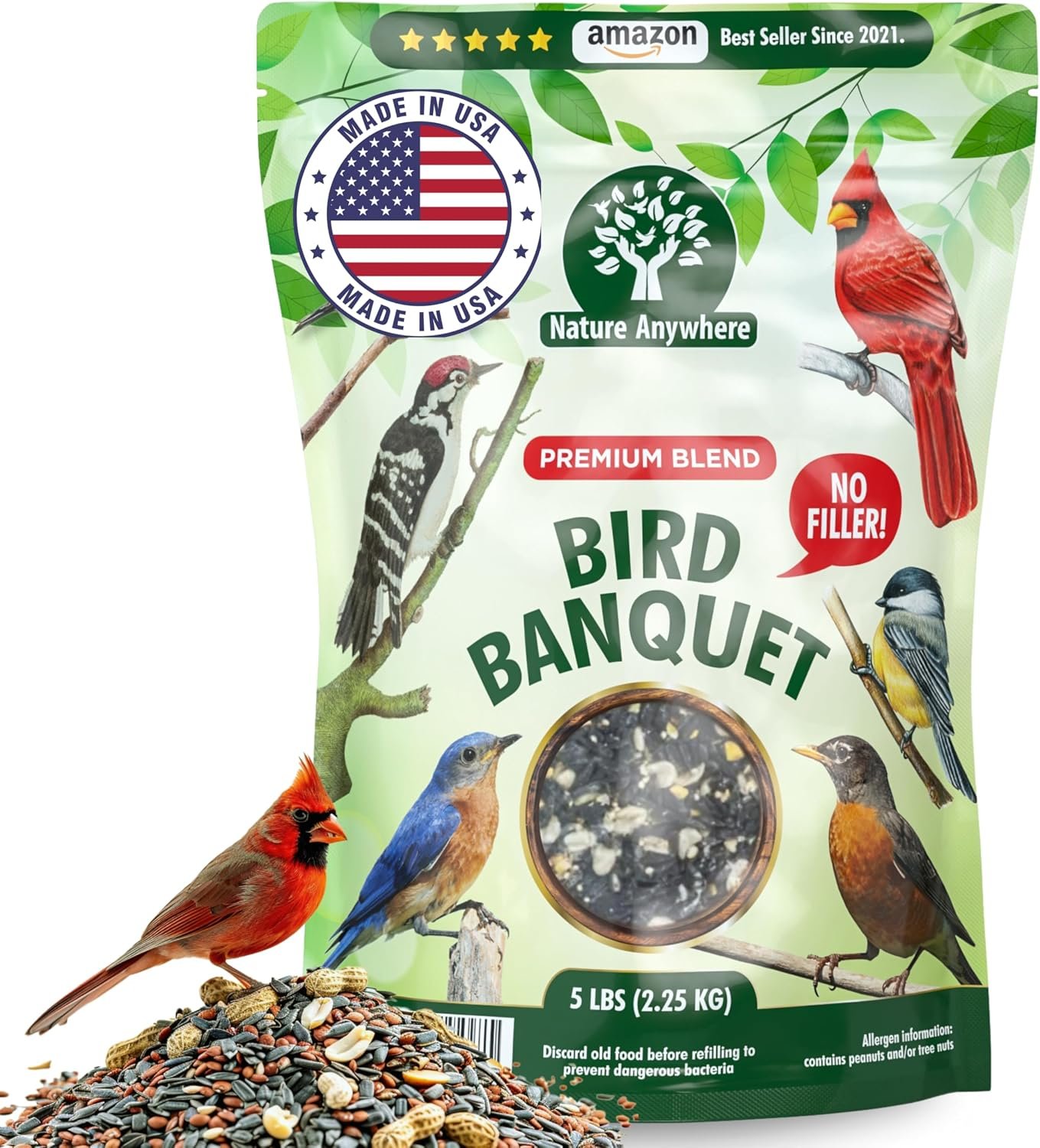 Nature Anywhere Bird Seed Bird Banquet Bird Seed for Outside Feeders, Wild Bird Seed, Bird Food, No Fillers, Made in USA, Wild Bird Food Blend | bird seeds for outside wild birds, over 60% sunflower with peanuts and safflower, no fillers, made in USA