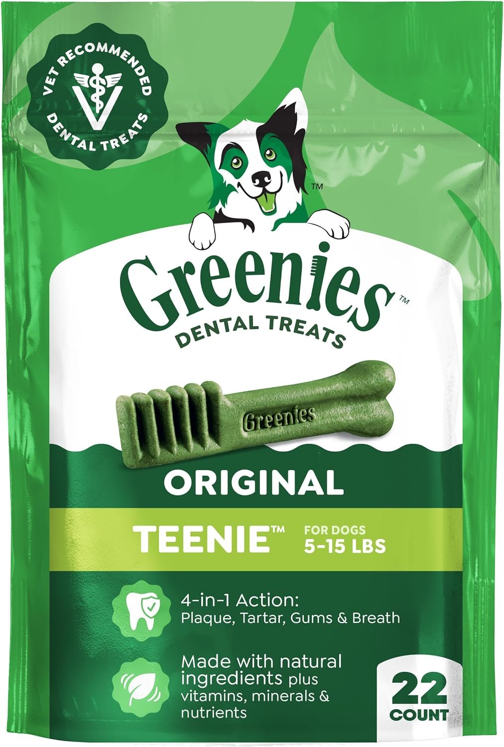 Greenies Teenie Original Natural Dental Dog Treats, Chicken, 22 Count | Clinically-proven, veterinarian-recommended, 47% less tartar & 40% less plaque in 28 days, for dogs 5-15 lbs, 6 oz. Pack
