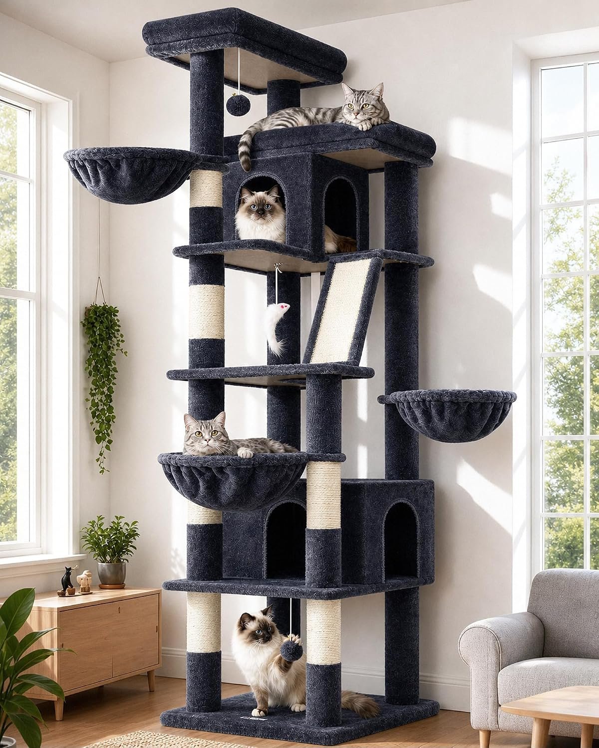 Globlazer Extra Large Cat Tree Tower 80in XXL Corner Cat Condo for Indoor Cats Large Adult & Kitten with Scratching Posts & Board, Cozy Caves, Widened Perches, Adjustable Baskets, S80G, Dark Grey