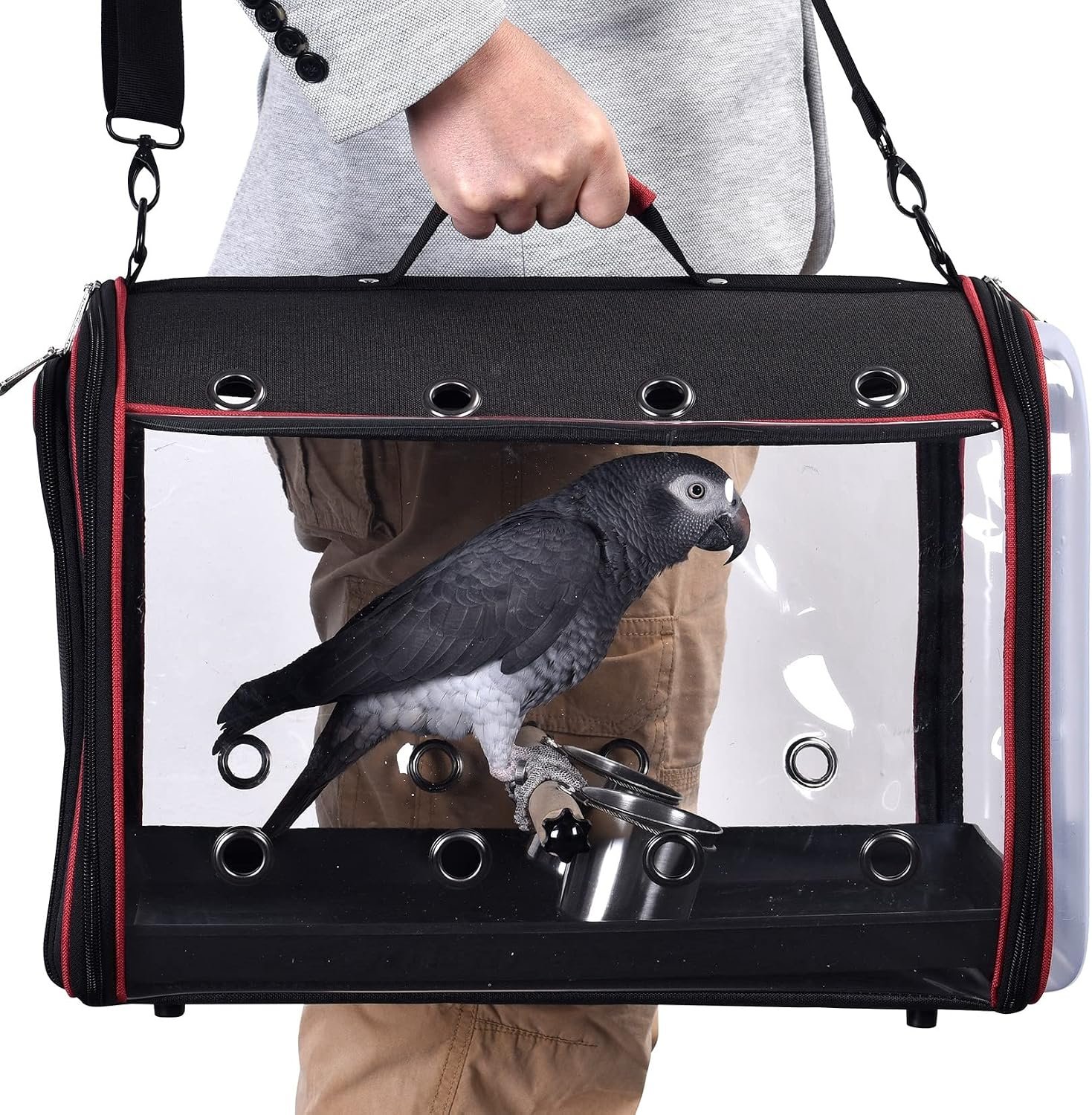 Lightweight Bird Carrier Travel Cage, Large 19x12x13 inch | For Travelers, Parrot Feeder Cups Included, Standing Perch Included, With Tray, Black