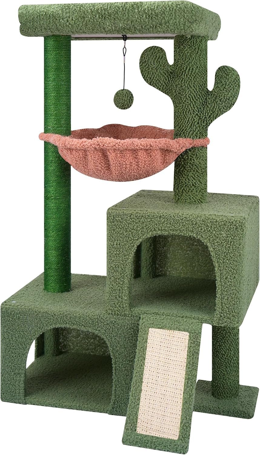 AIWIKIDE 37.4″ Cactus Cat Tree Tower with Twin Cat Condos for Indoor Cats, All-in-One Activity Center with Cat Scratching Post Cozy Sleeping Perch Hammock and Toy Balls,Green