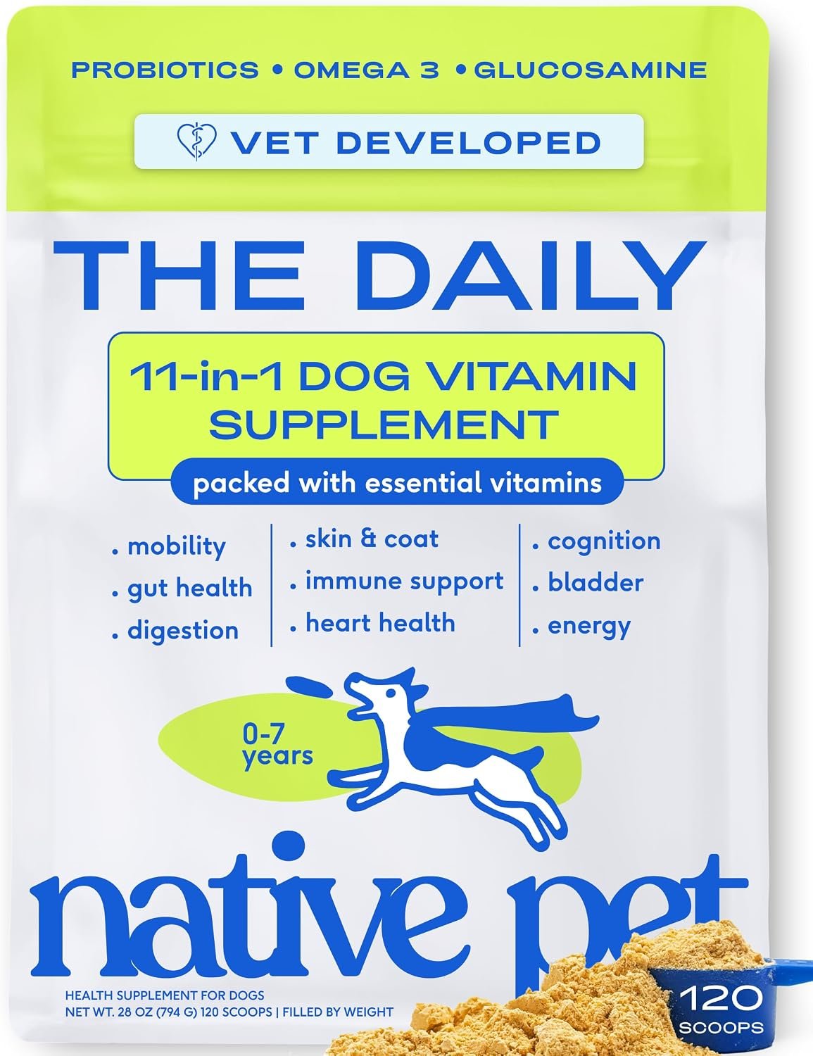 Native Pet The Daily Dog Vitamins & Supplements – 11-in-1 Multivitamin for Dogs – Daily Powder Supplement with Probiotics, Collagen – 120 Scoops