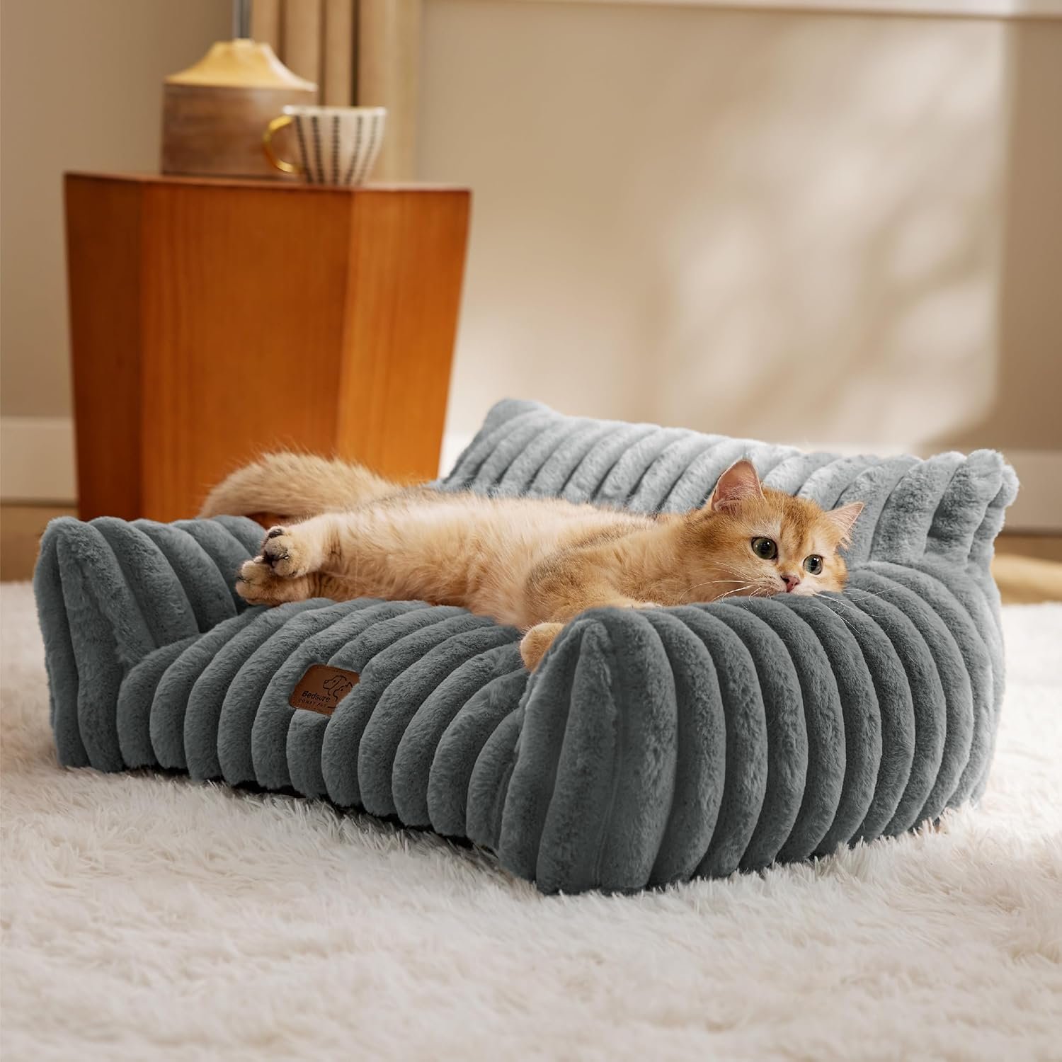 Bedsure ComfyFleece Cat Couch for Pets – Fluffy Cat Sofa with Premium Soft Corduroy Fleece, Fluffy Pet Couch Bed with Removable Washable Cover, Supportive Pet Chair for Indoor Cats, 24inch, Warm Grey | Cat Beds for Indoor Cats,Supportive Pet Sofa,Dog Couch Bed Seen on Good Day New York,Removable Washable Cover,Up to 10 Lbs