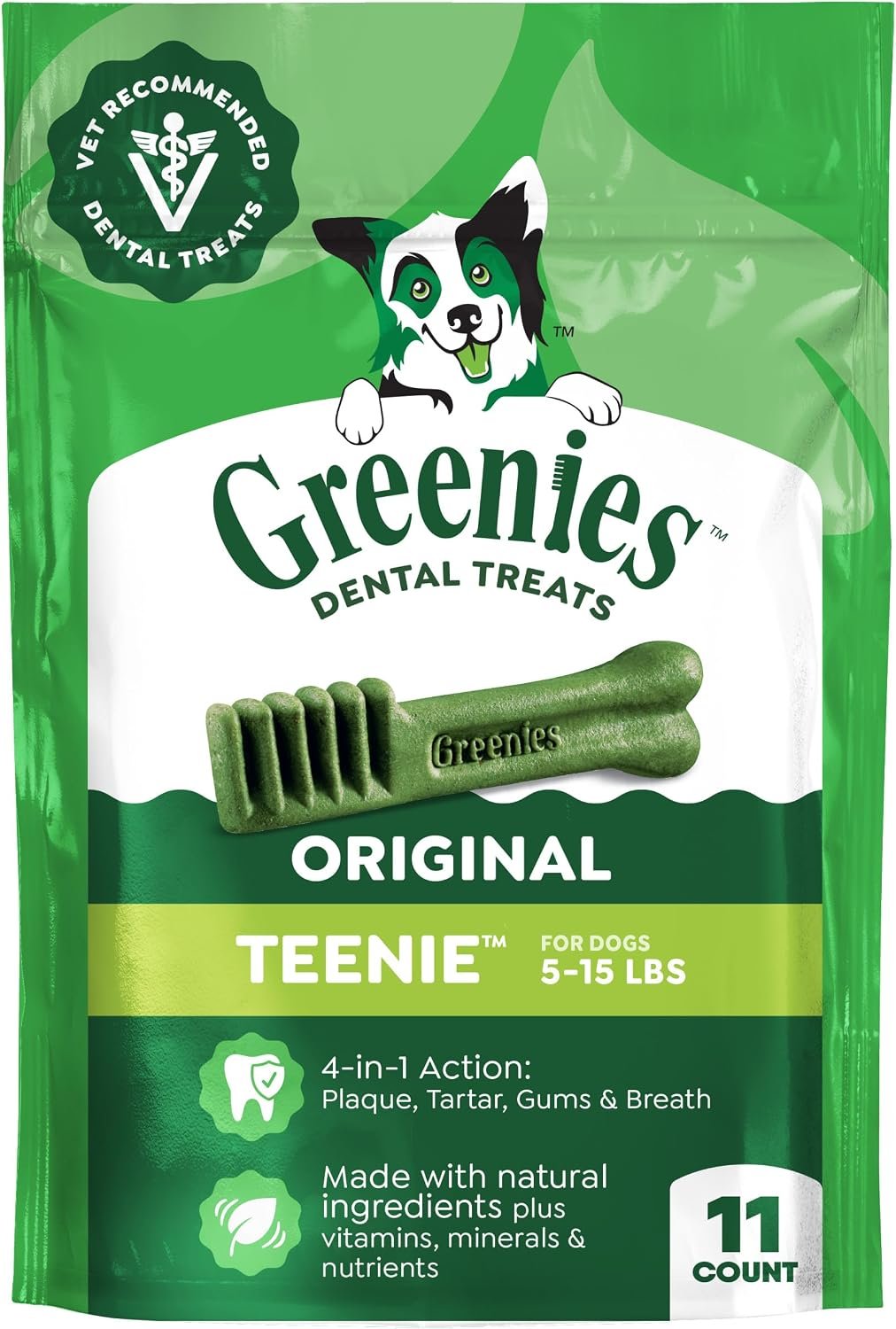 Greenies Teenie Original Natural Dental Dog Treats, Chicken, 11 Count | Clinically-proven, veterinarian-recommended, 47% less tartar & 40% less plaque in 28 days, for dogs 5-15 lbs, 3 oz. Pack
