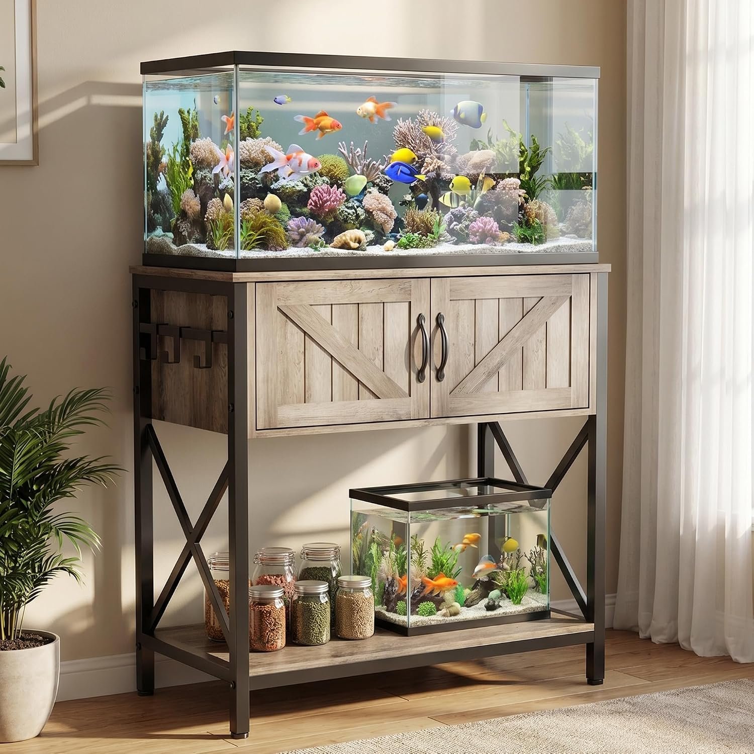 Petrova 20-29 Gallon Fish Tank Stand, Metal Double Aquarium Stand with Storage Cabinet, Heavy Duty 31.5″ L* 16.54″ W Tabletop, 330LBS Capacity, Rustic Brown