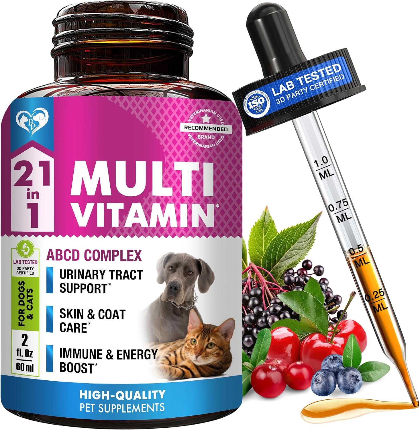 Cat & Dog Multivitamin Liquid with Glucosamine & Cranberry | 21 in 1 Health Supplements for Urinary Tract Kidney, Bladder, Hip & Joint, Skin & Coat | Natural UTI Medicine (60 ml)