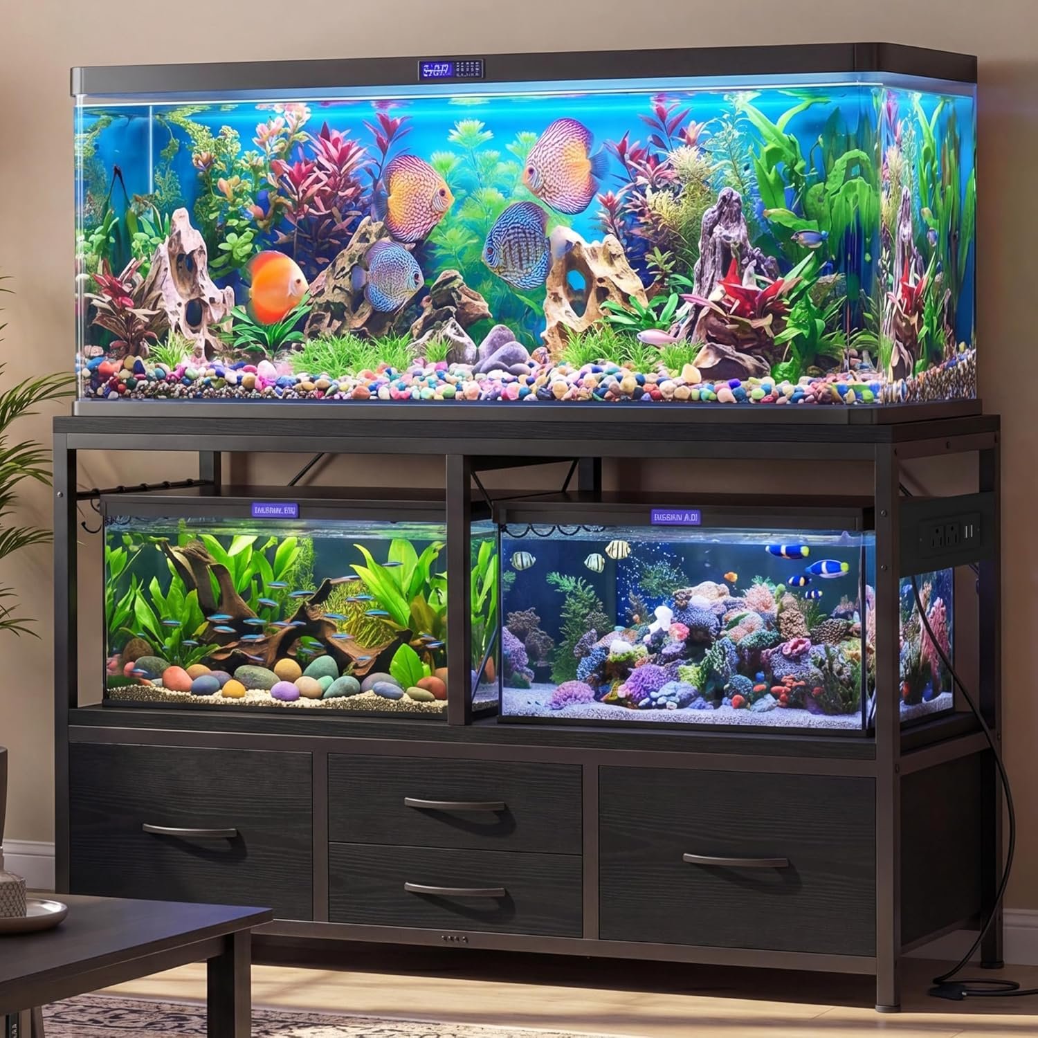 Heybly 55-75 Gal Fish Tank Stand with Drawer, Power Outlet, Black HAS005BK | Aquarium Stand, Heavy Duty, for Fish Tank, Turtle & Reptile Terrarium, 48″ L × 18.1″ Top, 660lbs (Top)+400lbs(Mid)