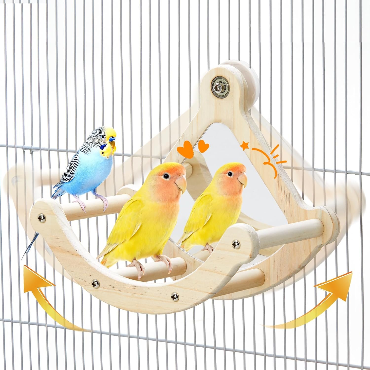 Rocking Bird Perch Toy with Mirror for Cage, Enrichment Parakeet Toys | Wood Exercise Wheel Cockatiel Toys, Birds Enrichment Toy for Parrot, Interactive Cage Accessories Perch for Budgie Conure