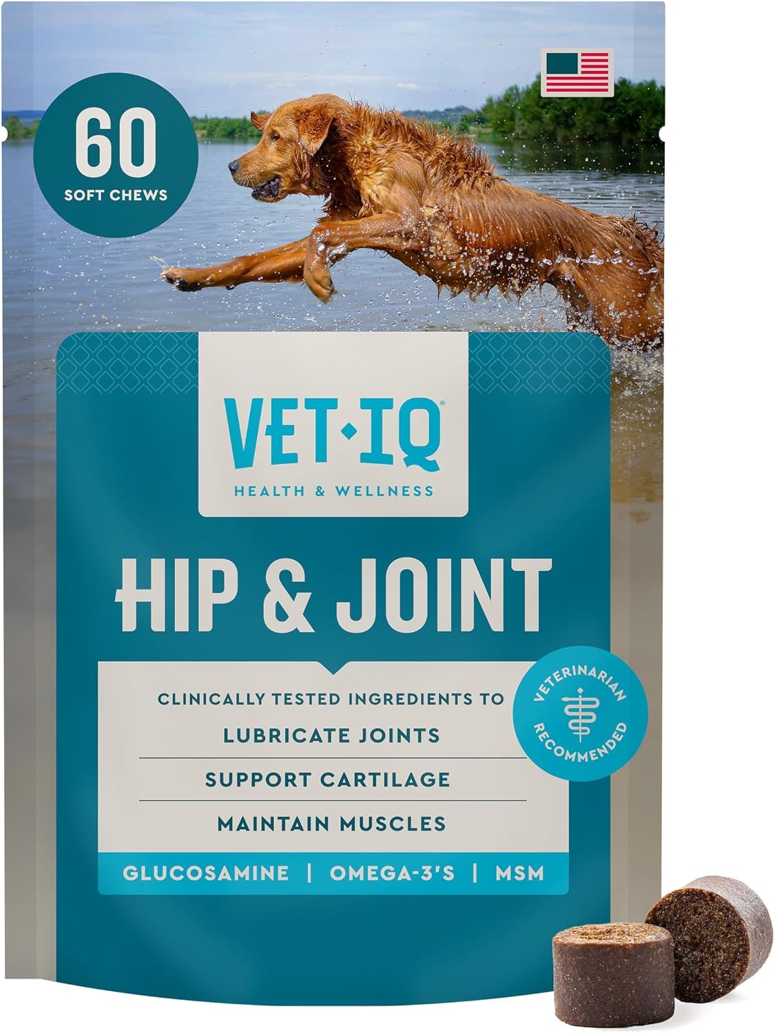 VetIQ Glucosamine Hip & Joint Supplement for Dogs, 60 Soft Chews, Joint Support Supplement with MSM and Krill, Dog Health Supplies Large & Small Breed, Chicken Flavored Chewables | Supports mobility for large & small breeds; glucosamine, MSM & krill oil; chicken-flavor chewable; daily joint chew