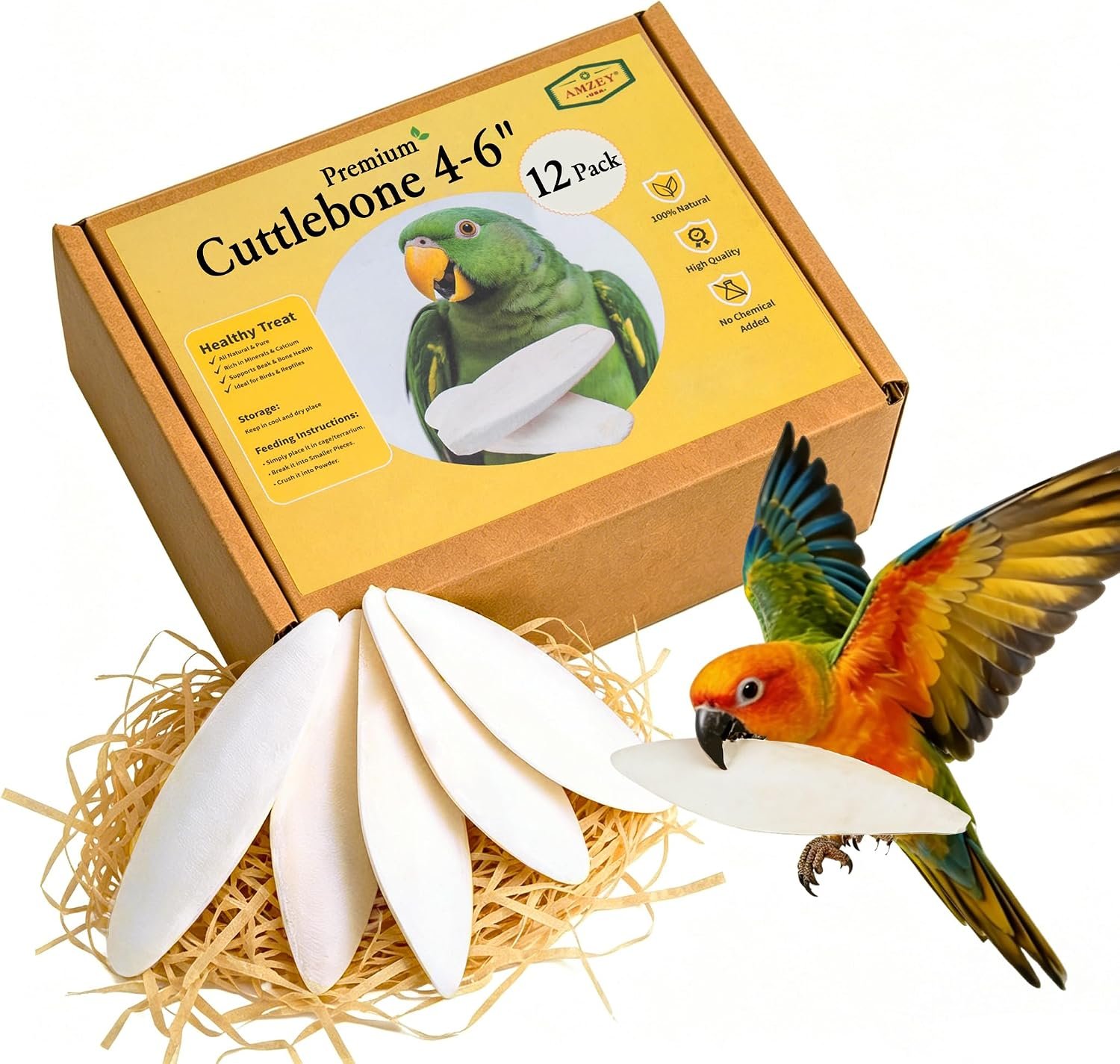 Amzey 12 Pack Cuttlebone for Birds, 4-6 Inches Sun-Dried 100% Natural Calcium Supplement, 100% Pure Cuttlefish Bone for Beak Trimming, Supports Healthy Bones, Feathers & Shells