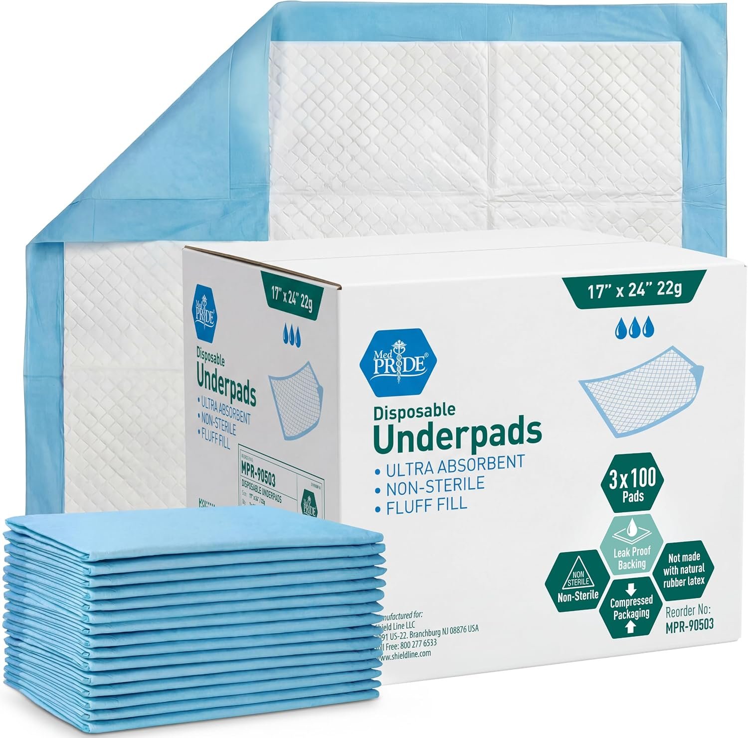 MED Pride Disposable Underpads 17×24 in,Super Absorbent,Incontinence,100 Ct
