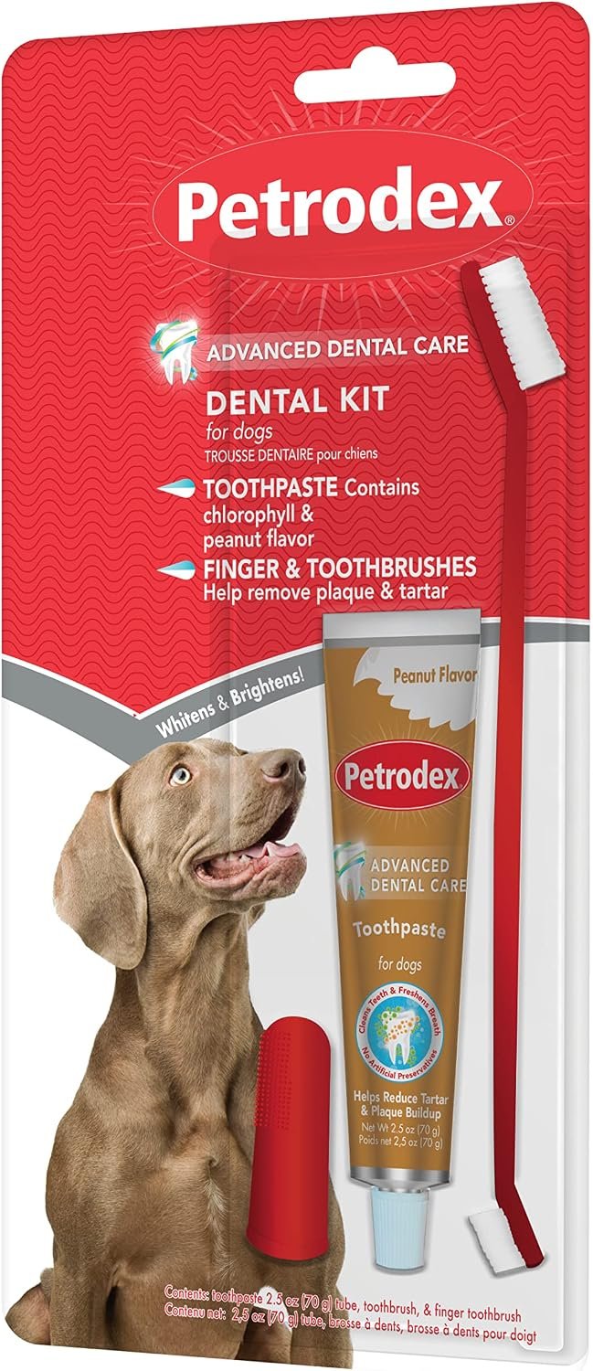 Petrodex Dog Dental Care Kit, Toothbrush & Toothpaste, Peanut, 2.5oz | Complete oral care kit: toothpaste + toothbrush; reduces plaque & tartar; fights bad breath; peanut flavor, dogs & puppies