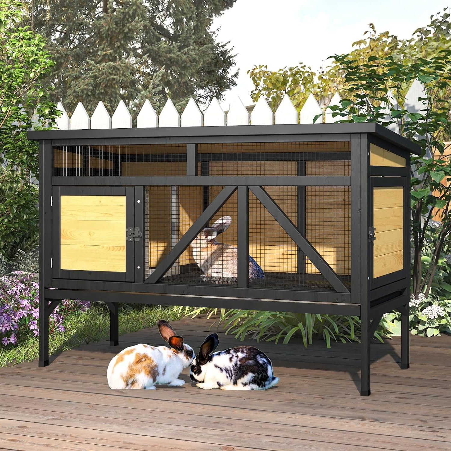 TIMHAKA 46.7″ Elevated Rabbit Cage – Indoor & Outdoor Rabbit Hutch, Bunny Cage for Guinea Pig, Wooden Design with Removable Tray, Waterproof Asphalt Roof & Bottom Wire Mesh for Small-Medium Animals