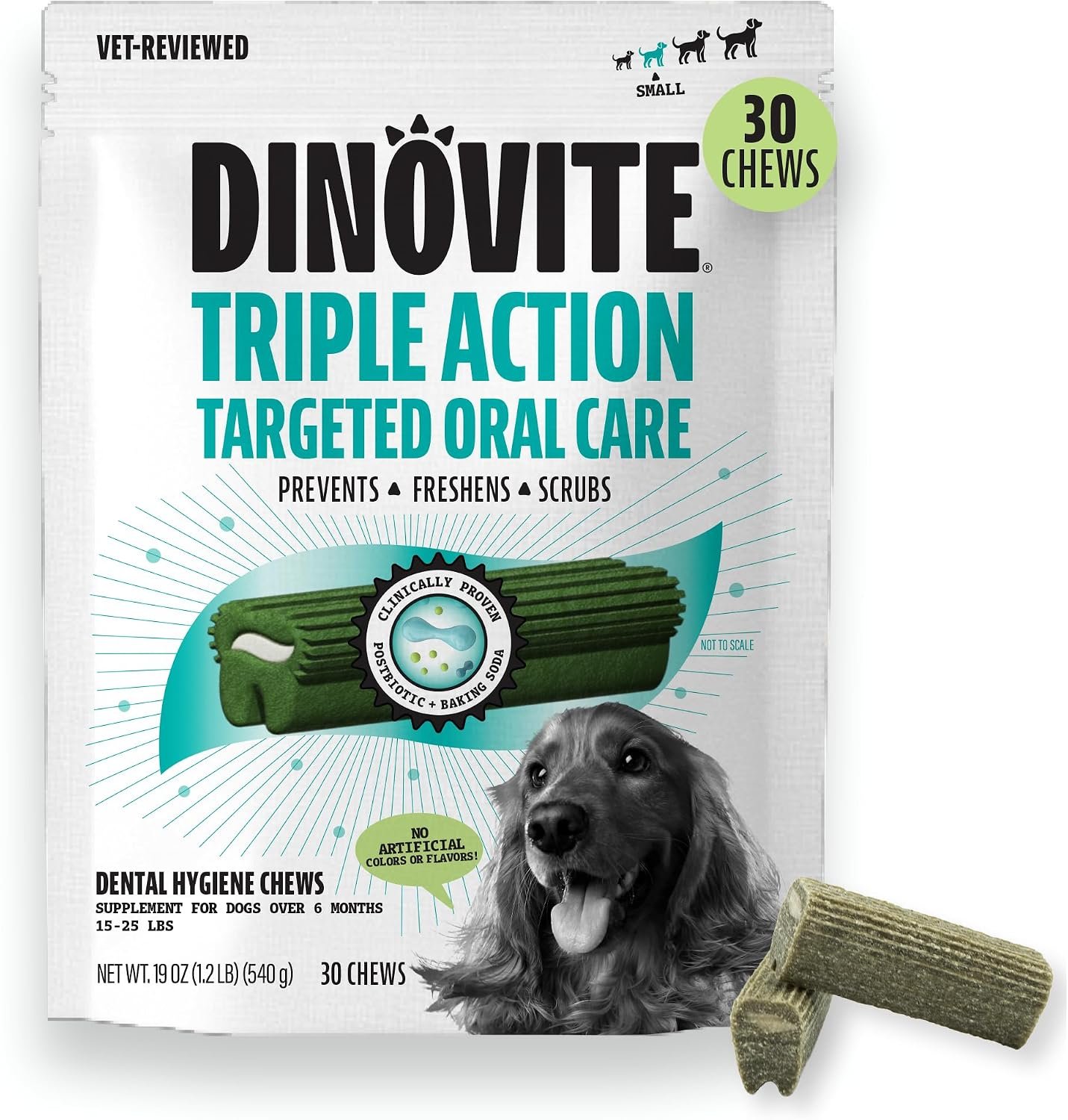 Dinovite Daily Dental Chews for Small Dogs, Freshens Breath, Mint, 30 Count | Triple Action Dental Chews, Helps Prevent Plaque & Tartar Buildup, Freshens Breath, Fresh Mint Flavor, Small Dogs