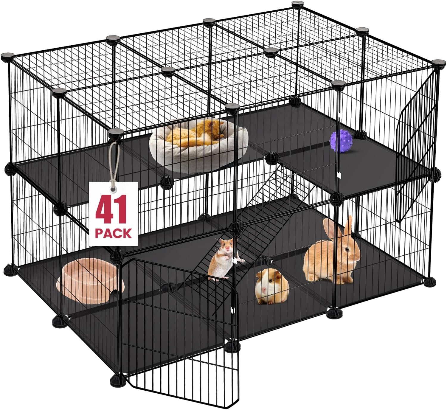 VISCOO 41 Panels Pet Playpen, 35.4″ x 23.6″ x 23.6″ Small Animal Playpen | Rabbit Cage for Guinea Pigs,Bunny,Hedgehogs, with 2 Doors, Puppy Play Pen Indoor Outdoor, Two-Story C&C Cage