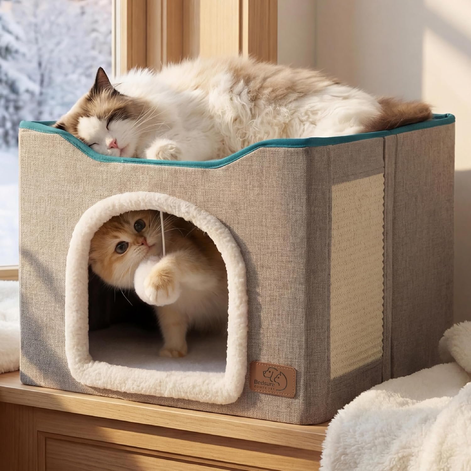 Bedsure Cat House Bed for Indoor Cats with Fluffy Ball and Scratch Pad,Grey | 16.5×16.5×13 in,Large Cat Cave for Multiple Pets,Foldable Cat Hideway Cube for Sleeping Kitten