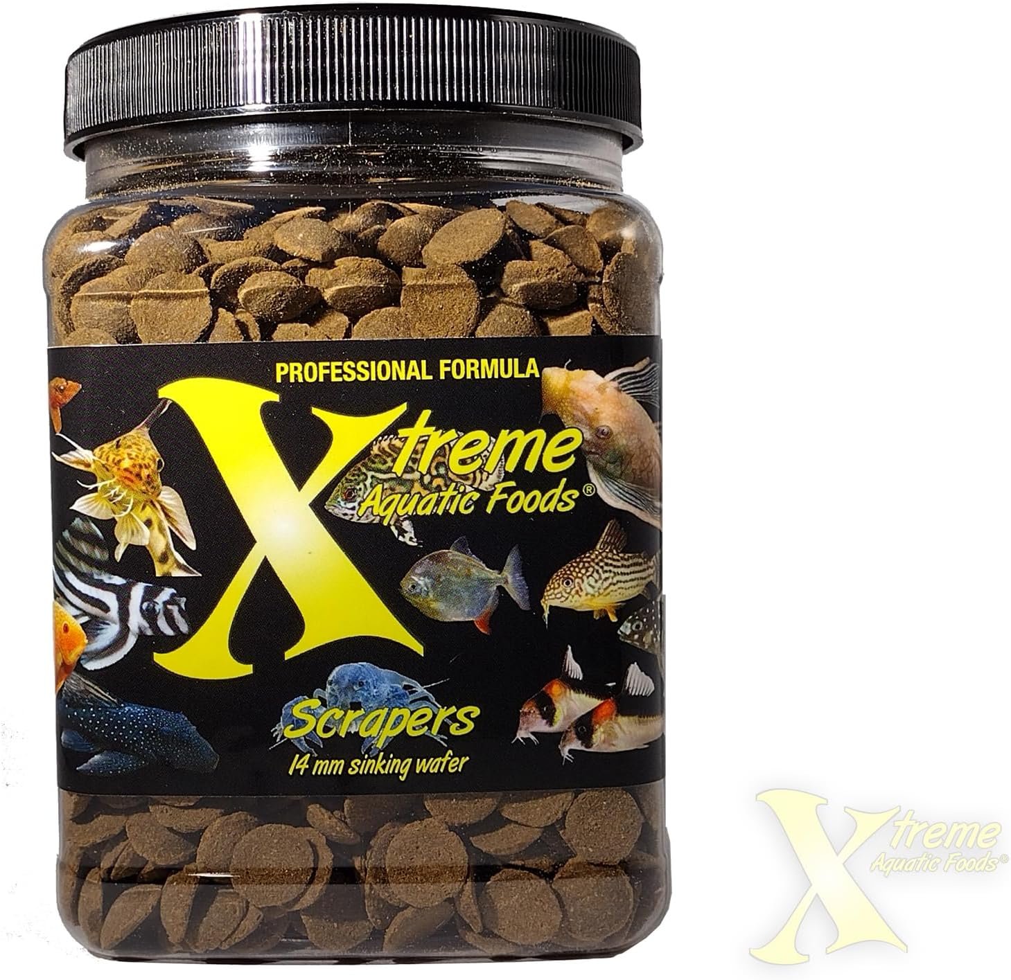 Xtreme Scrapers 14mm Wafers – Pleco, Catfish & Loach Food (18oz) | For plecos, catfish and loaches; fast-sinking 14mm spirulina wafers for bottom-feeding fish – USA Farm Grown