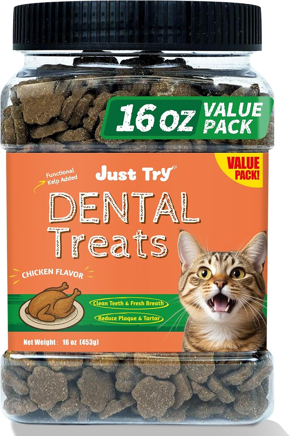 Just Try Dental Health Treats for Cats Reduce Plaque & Tartar | Advanced Kelp Clean Teeth & Fresh Breath – Chicken Flavored Chews – 16 OZ