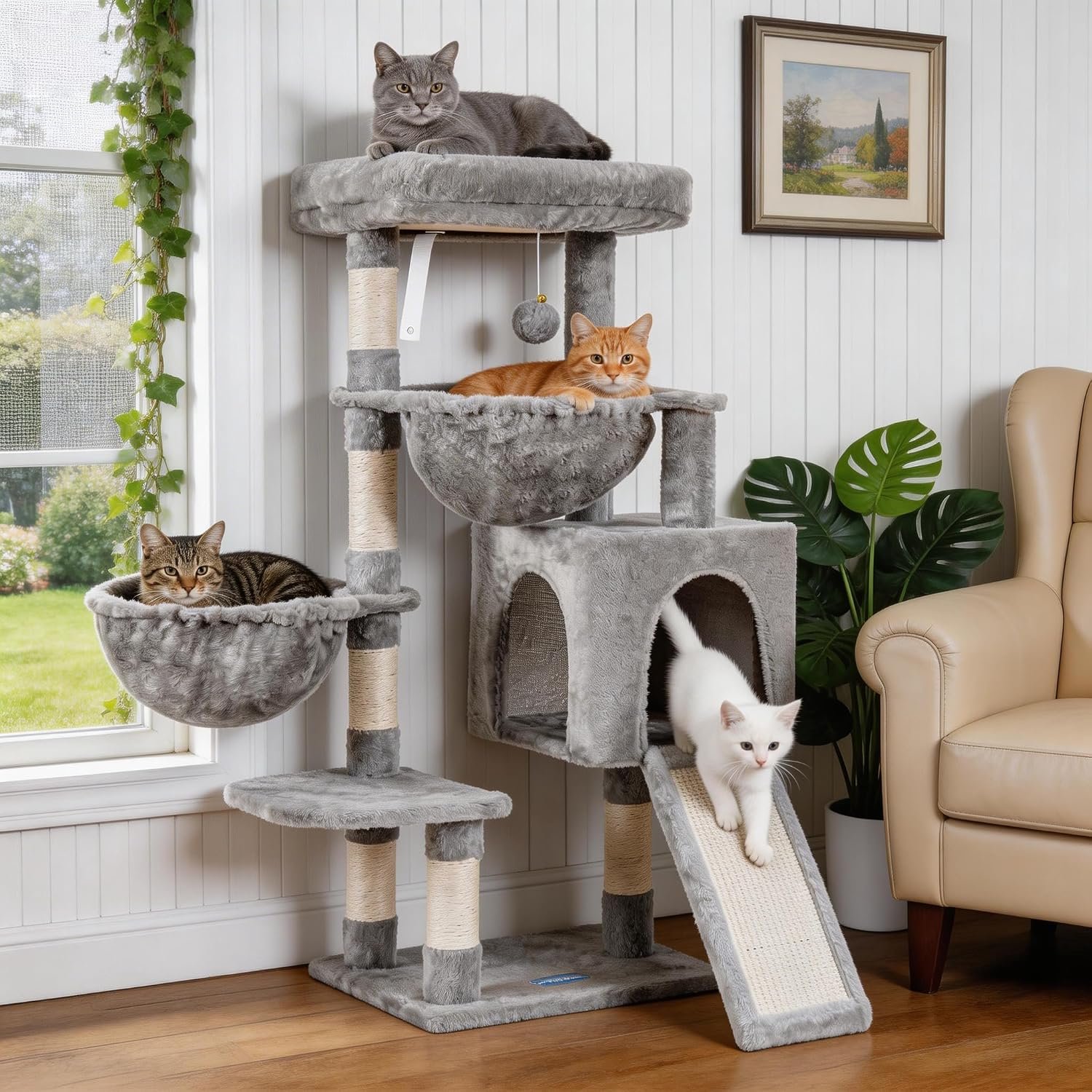 Hey-brother Cat Tree, Cat Tower for Indoor Cats, Cat House with Large Padded Bed, Cozy Condo, Hammocks, Sisal Scratching Posts, Big Scratcher, Light Gray MPJ006SW