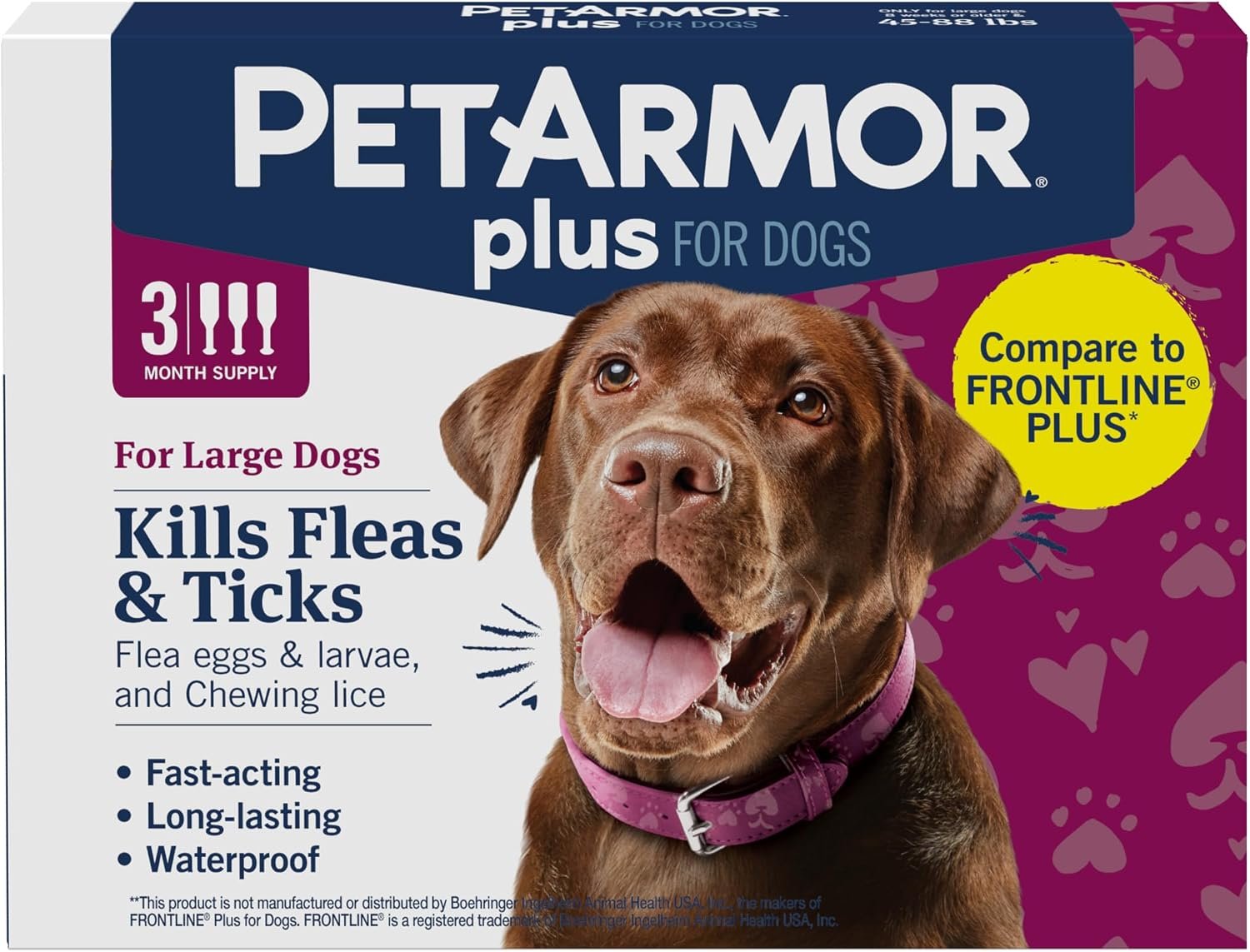 PetArmor Plus Flea & Tick Topical Dogs 45-88 lbs, 3-Month | Ideal for Large Dogs 45-88 lbs; Kills Fleas, Eggs, Larvae, Ticks & Lice; 3-month supply; Waterproof Nose-to-Tail