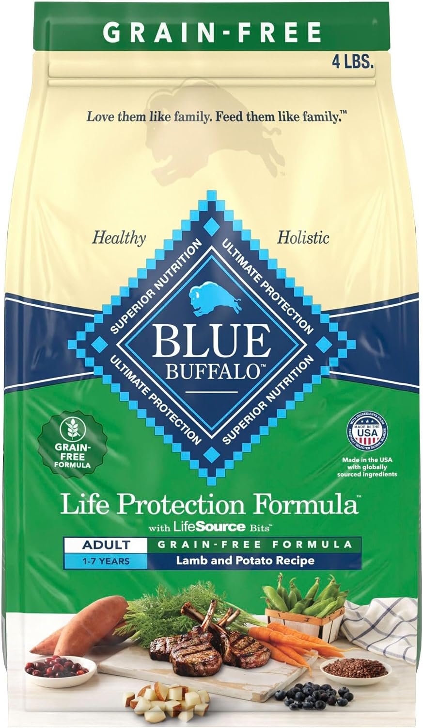 Blue Buffalo Life Protection Formula Lamb & Potatoes Dry Dog Food, 4 lb | Grain-Free Recipe, Real Lamb #1 Ingredient, Supports Immunity with Antioxidant-Rich LifeSource Bits, Promotes Healthy Muscles