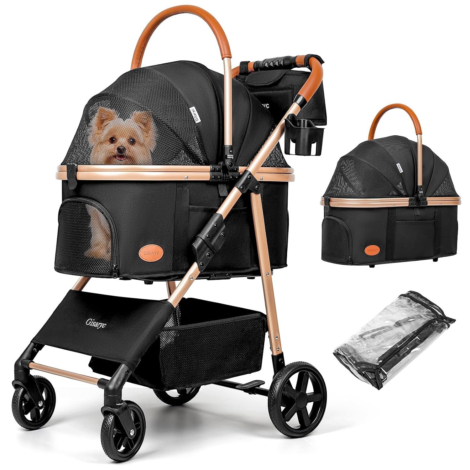 Dog Cat Stroller for Small/Medium Pets, 50 lbs, 3-in-1 Pet Stroller, Black | Foldable Pet Stroller w/Detachable Carrier, Car Seat, Storage Basket, Cup Holder, Hanging Bag, Rain Cover, All-Terrain Wheels