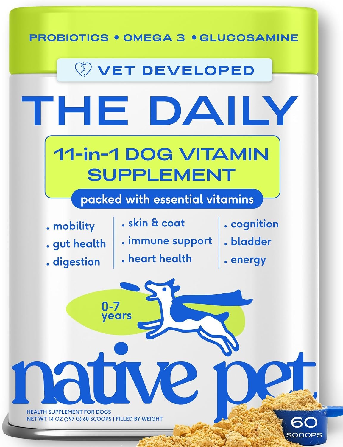 Native Pet The Daily Dog Vitamins & Supplements – 11-in-1 Multivitamin for Dogs – Daily Powder Supplement with Probiotics, Collagen – 60 Scoops