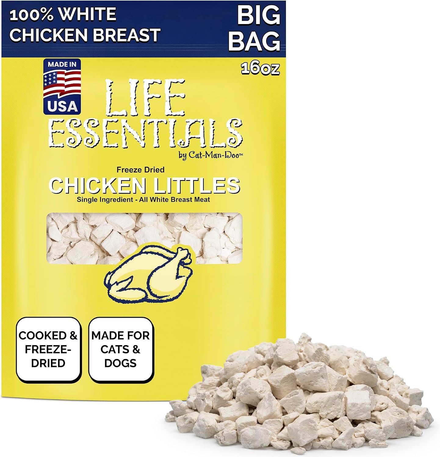 Life Essentials by Cat-Man-Doo | Freeze Dried Chicken Littles | 16oz Bag | Cooked, Diced & Freeze Dried, Healthy Chicken Cat Treats & Small Dog Treats, High Protein Pet Treats and Toppers, Made in USA