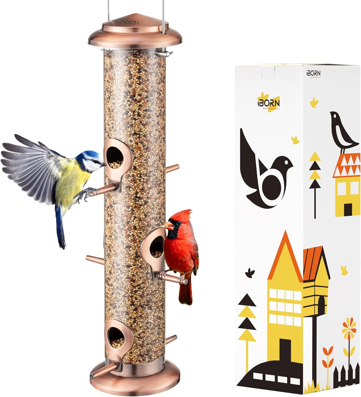 Bird Feeders for Outdoors 15″ 6 Ports Chew-Resistant, Brushed Copper, 1PK | Metal, Durable Outdoors, Flip-top Easy Refill & Clean, Suits Mixed Seeds, Brushed Copper