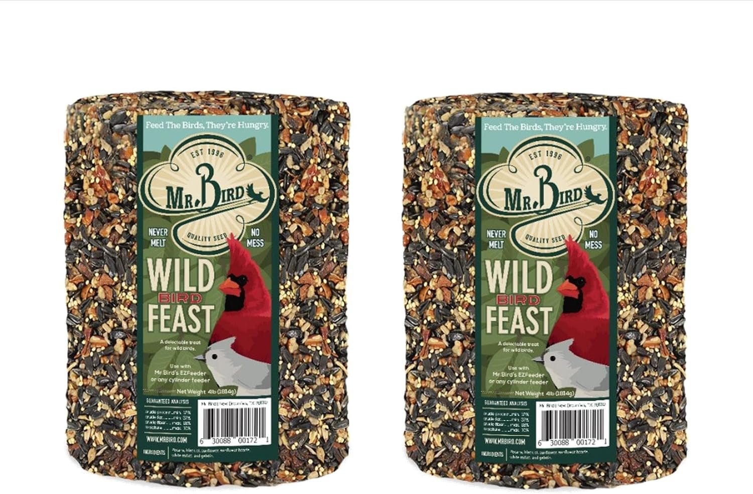 Mr. Bird WildBird Feast Cylinder, 2-Pack, 4 lbs | Wild Bird Seed for Outside Feeders | Premium Blend of Pecans, Sunflower Hearts & Millet | No Mess, No Melt